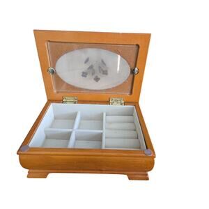 Vintage Wooden Tabletop Jewelry Box With Glass Design On Lid